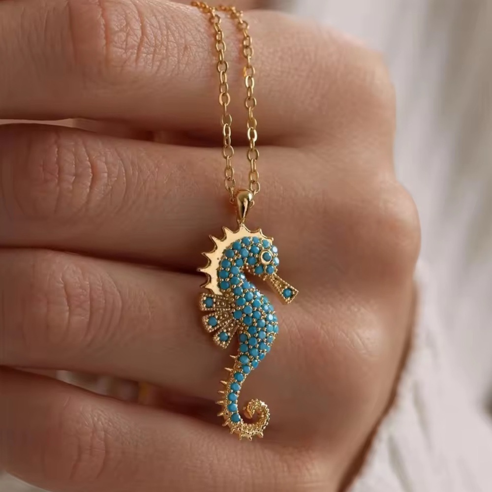 18K Gold Seahorse Micro Pave Turquoise Gemstones Bohemian Minimalist Nautical